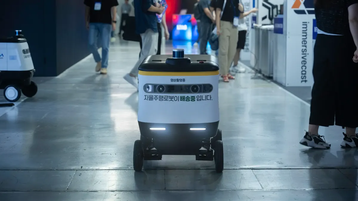 技術イベント中に室内を走る自動配送ロボット。