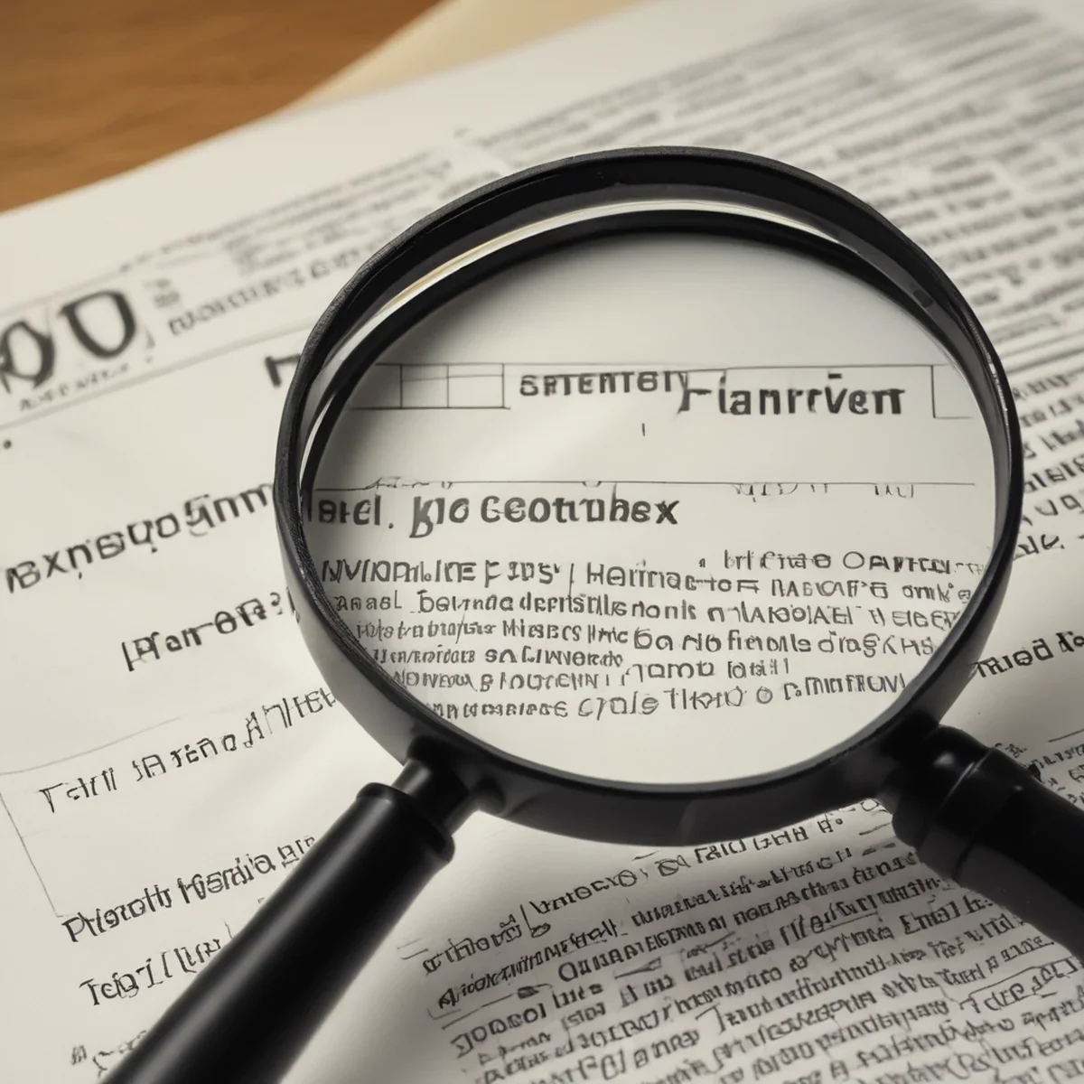 Een vergrootglas boven gedrukte tekst op een wit document
