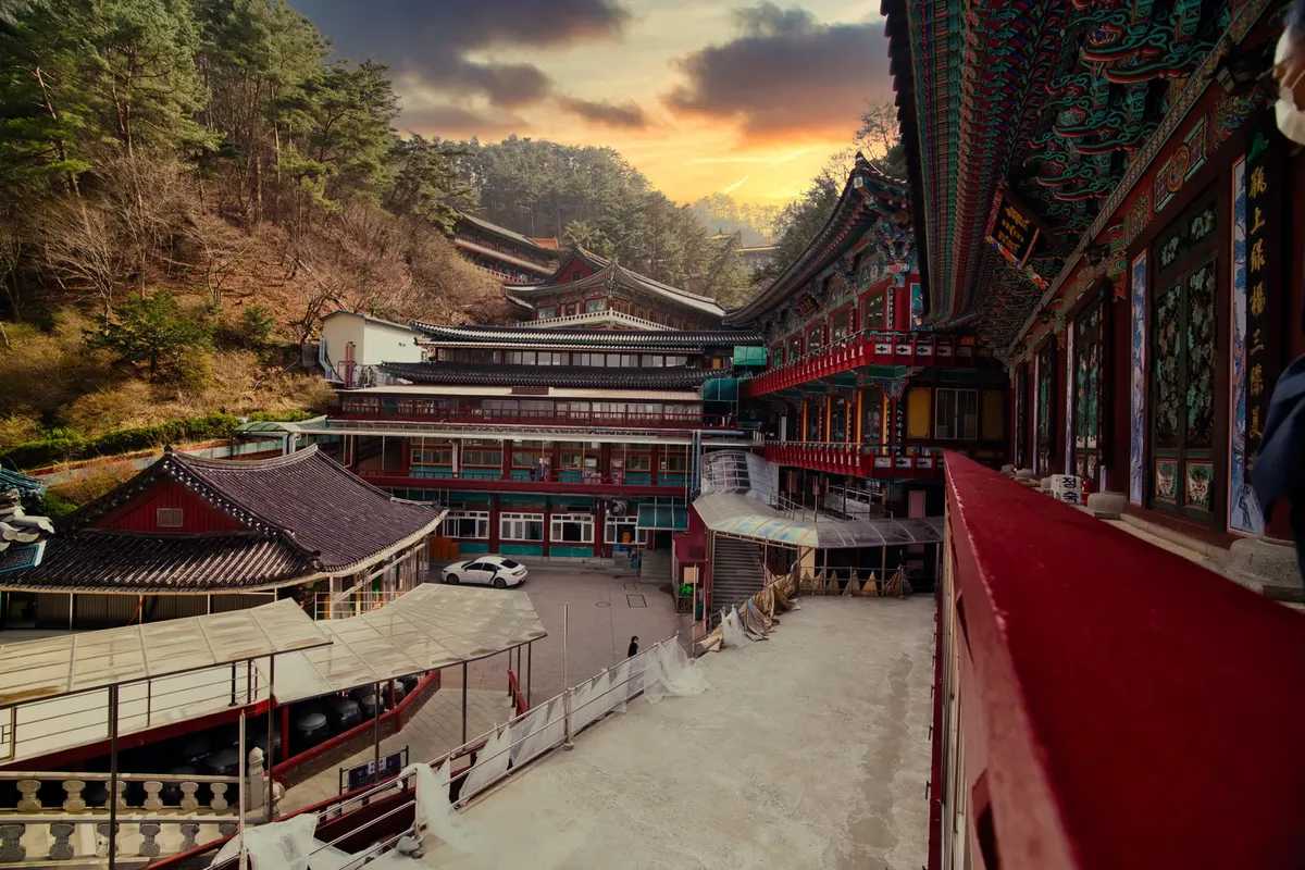 Breathtaking architectural beauty of the Guinsa Temple in South Korea at sunset.