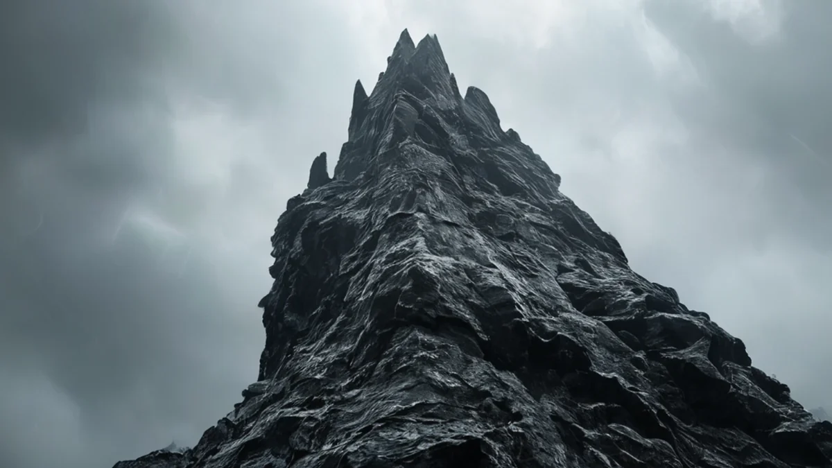 Dark, craggy spire with rough, flaky texture