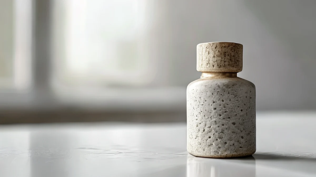 Cork stopper, natural, gris claro, texturado, sobre una mesa blanca, luz de día nublado, profundidad de campo suave, fotorealista, detalles altos