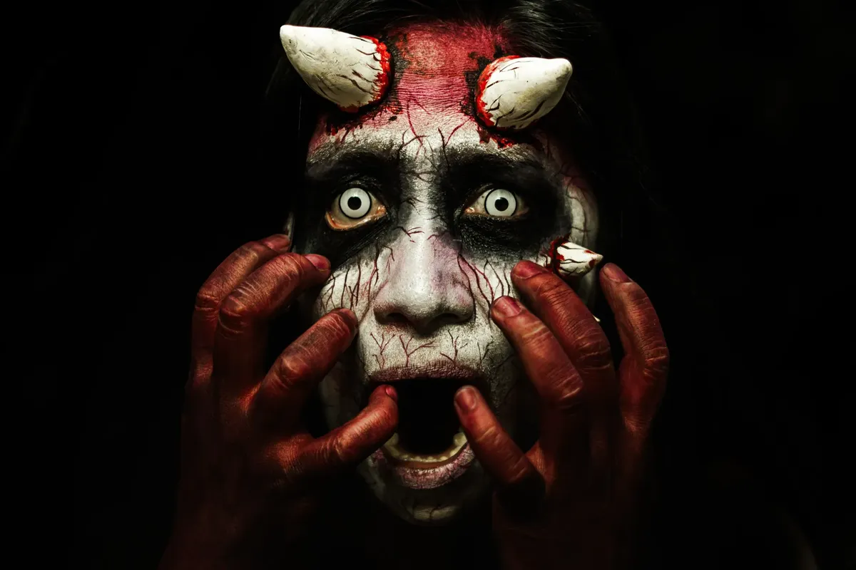 Close-up of an eerie demon character with elaborate face makeup and horns, perfect for Halloween horror themes.