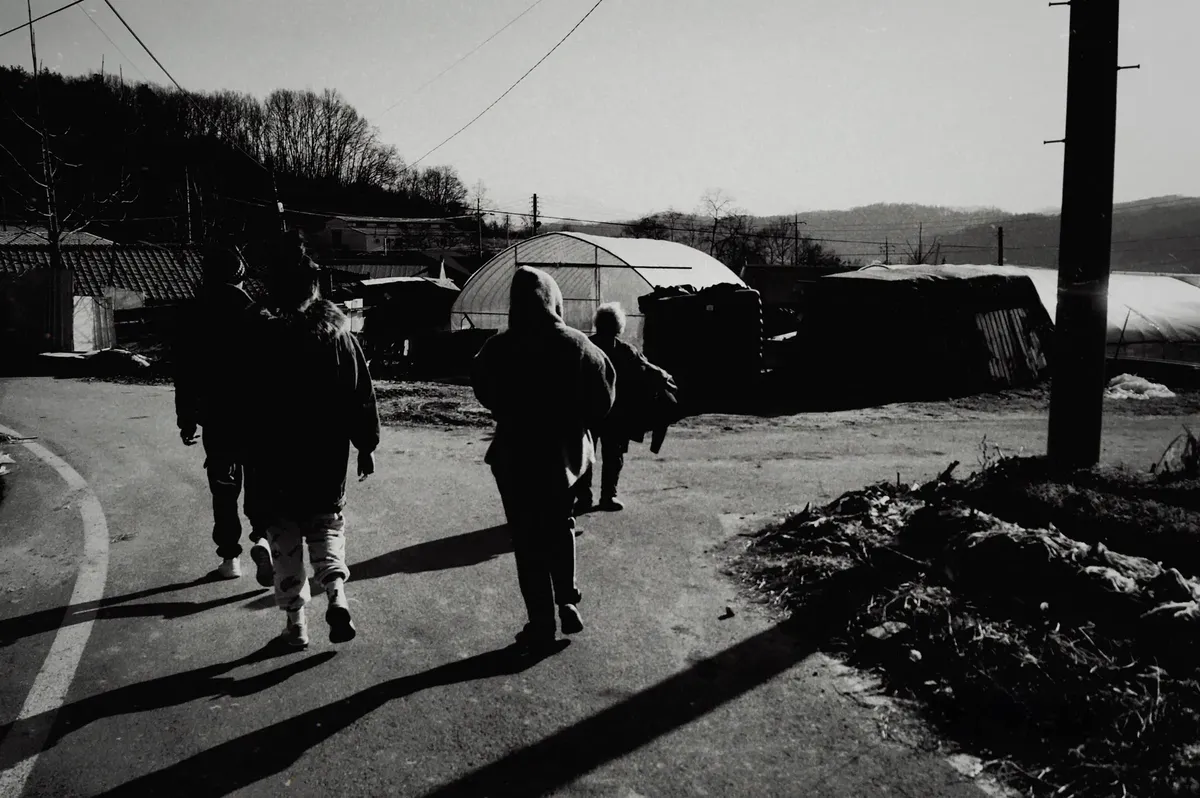 Group of people walking in a rural South Korean village, showcasing local life.